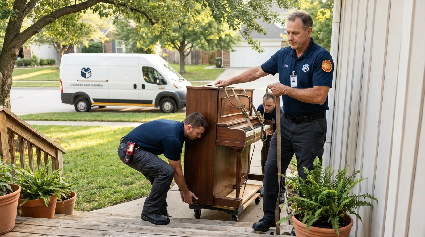 Licensed piano movers securing grand piano in Goodland, KS