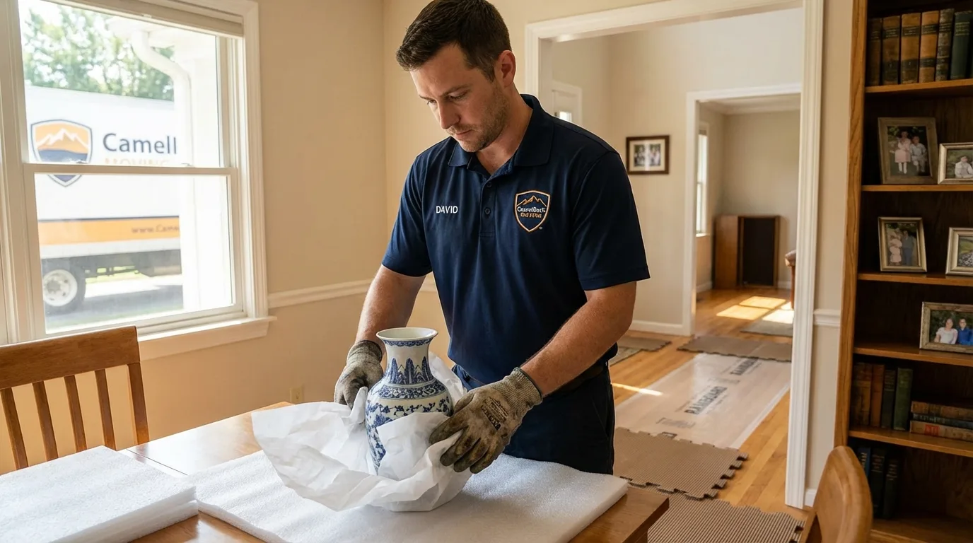 Professional crew carefully wrapping antique vase for senior downsizing move in Goodland, KS